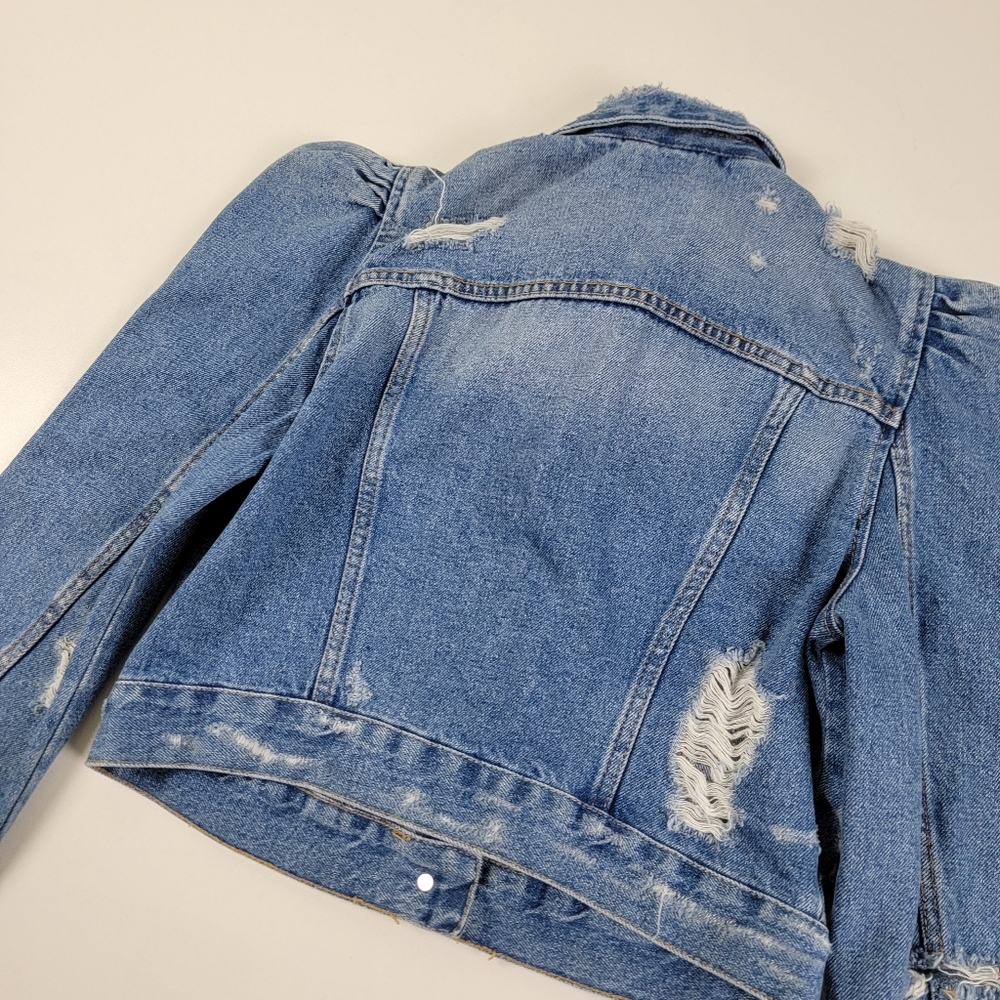 Zara Light Blue Distressed Puff-Shoulder Cropped Jean Jacket - Picture 12 of 12